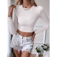thumbnail image 2 of Women'S Backless Long Sleeve Ribbed Knit Crop Top Slim Fit Crew Neck Twist Back Cut Out Fitted Shirt White S, 2 of 8