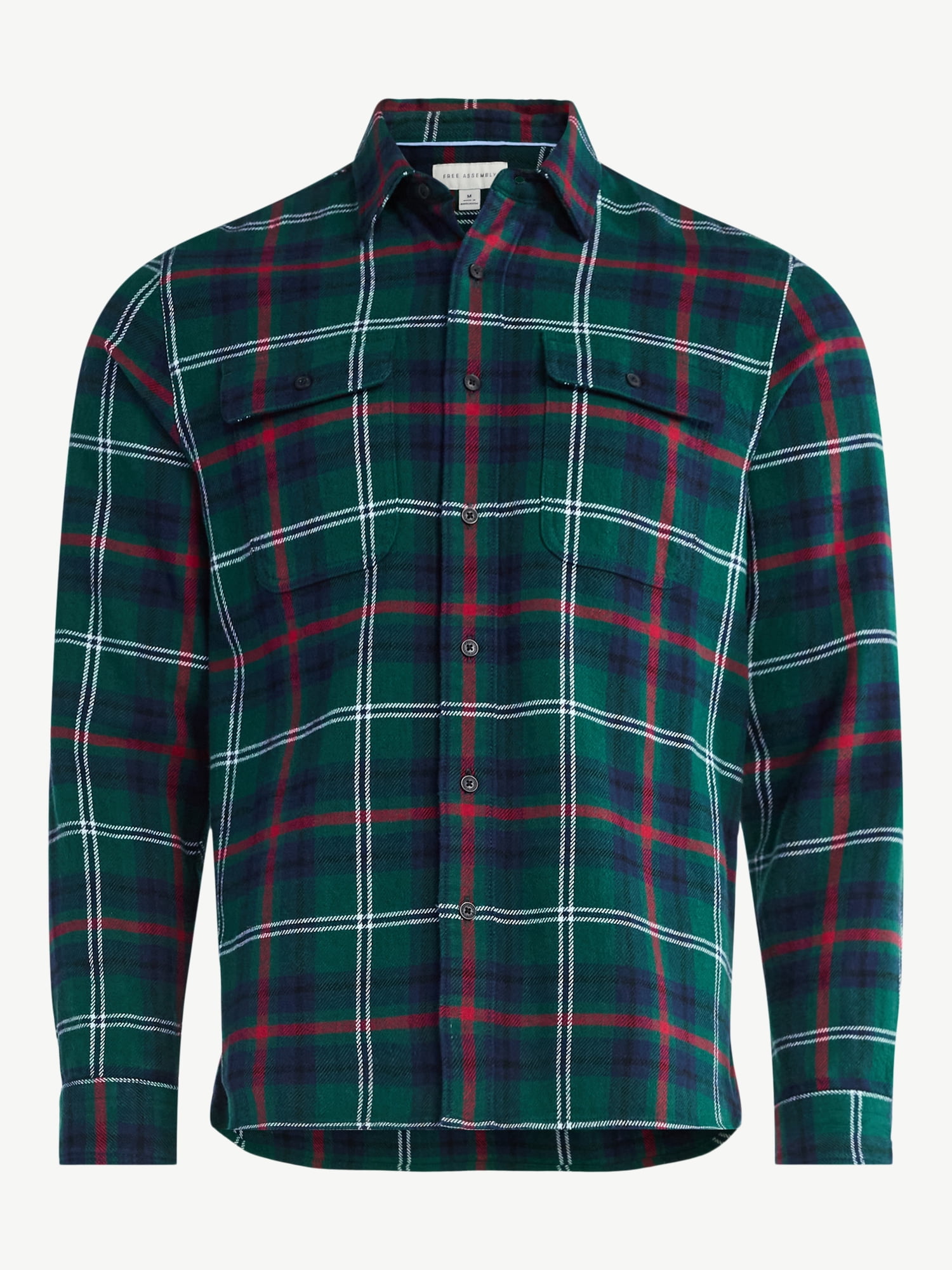 Free Assembly Men's Two Pocket Cotton Flannel Shirt with Long Sleeves, Sizes XS-3XL