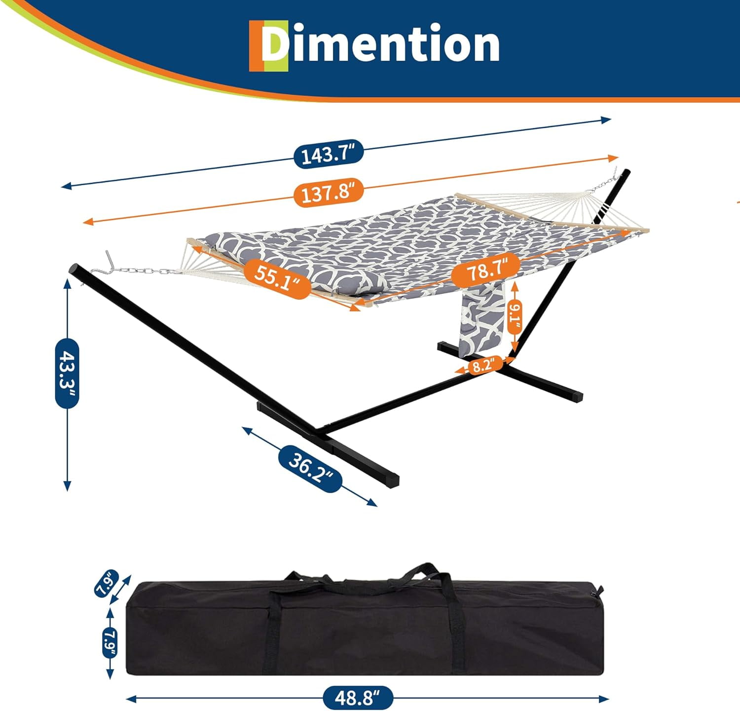 WildBreak Double Hammock, V Shape Frame, Stand & Carry Bag, 143.7 x 36.2 x 43.3", Gray Geometric