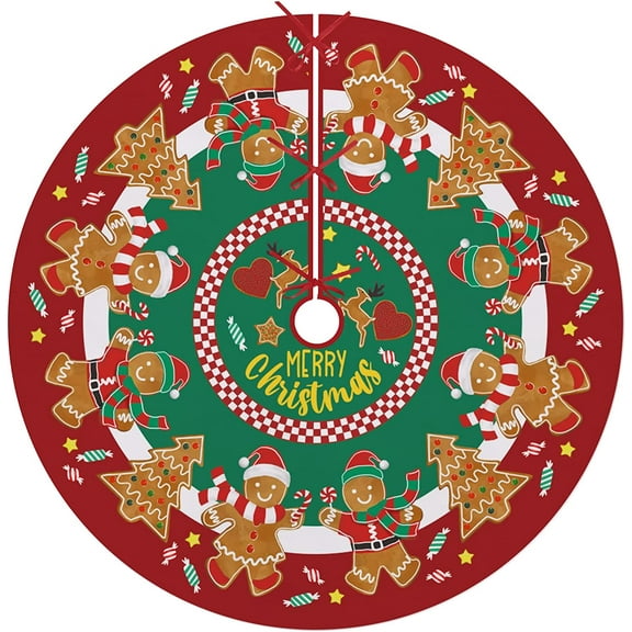 LONGRV Merry Christmas Small Tree Skirt 36 Inches, Lace-up Gingerbread Man Candy Artificial Xmas Tree Skirt, Red Green Home Decoration New Year Holiday Party Indoor House Decor