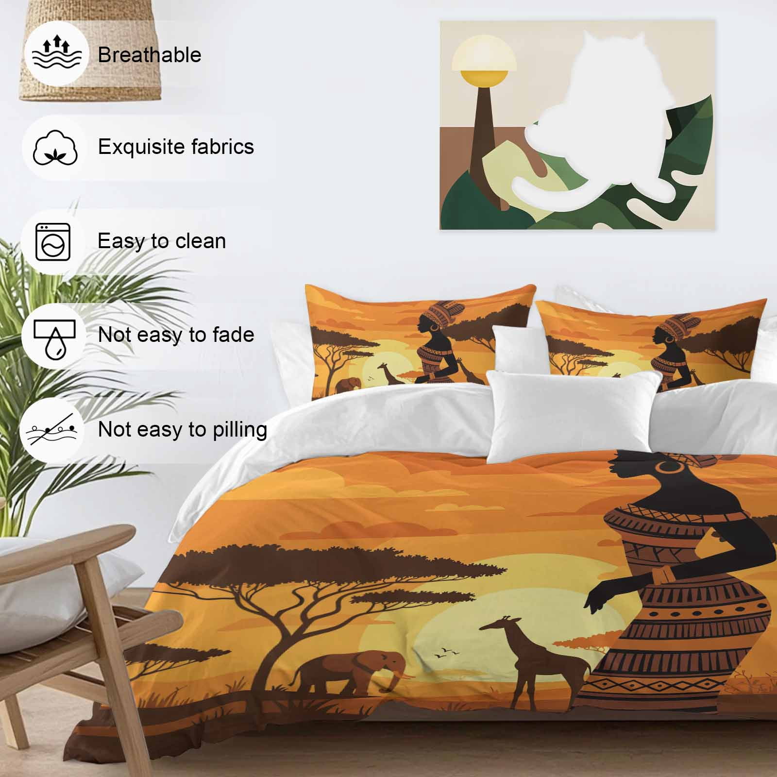 Black Women Bedding Duvet Cover Set Queen Size 4 Pieces Africa Nation Elephant Giraffe Desert Sunset Bedding Set with Zipper Closure, 1 Comforter Cover 90x92 Inches 1 Flat Sheet & 2 Pillow Cases