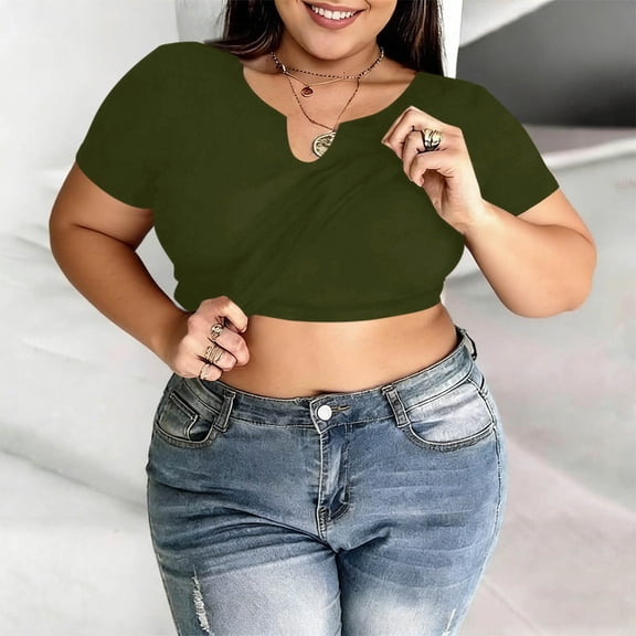 Odbmxy T-Shirts Womens Plus Size Short Sleeve V-Neck Summer Ladies Tops Leisure Slim Plain Layering Athletic Padded