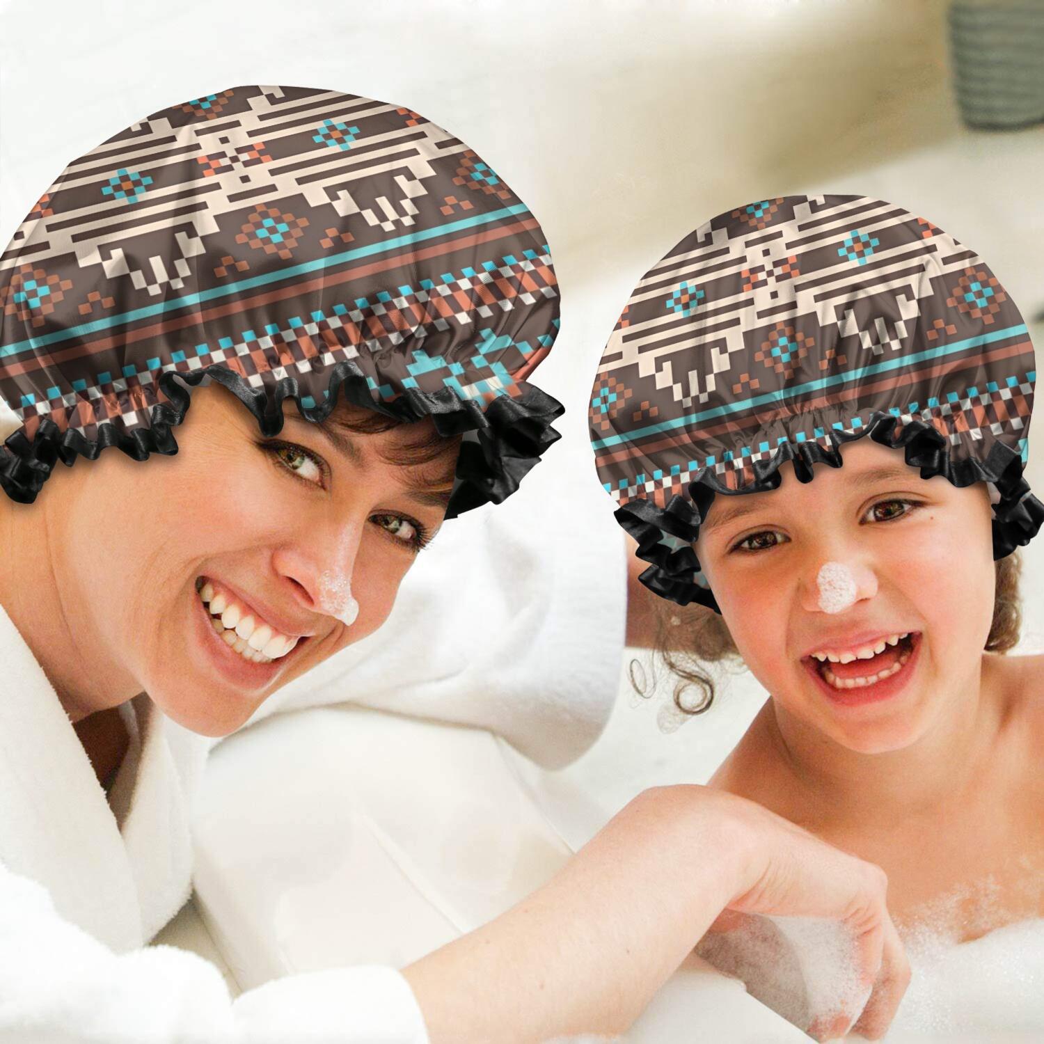 Shower Caps,Boho Blue Pixel Ethnic Pattern Waterproof Shower Cap for Women 4 Pieces,Double Reusable Hair Cover for Shower PEVA Elastic Stretch Hem