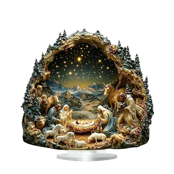 Acrylic Christmas Nativity Scene Tabletop Decor, Starry Night Manger Cave Figurine, Religious Holiday Desktop Ornament for Home and Office Winter Table Centerpiece