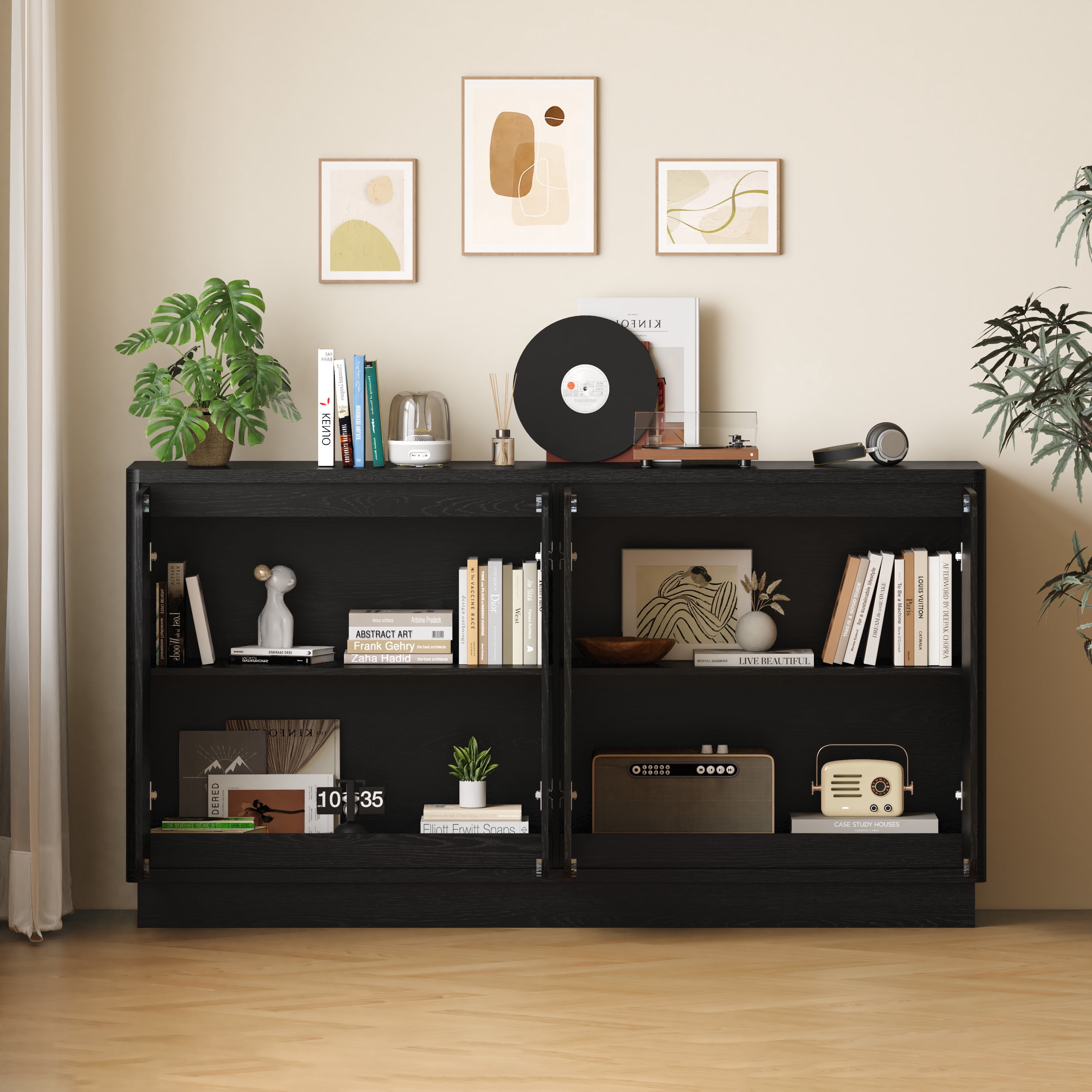 Mintazer 59.1"W Sideboard Buffet Cabinet with Adjustable Shelves, 4 Door Storage Credenza Cabinet for Dining Room Kitchen Living Room, Entryway, Black
