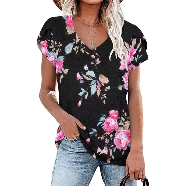 Fiudx Tops para Mujer Blusa Informal de Manga Corta con Cuello En V y Estampado de Moda para Mujer