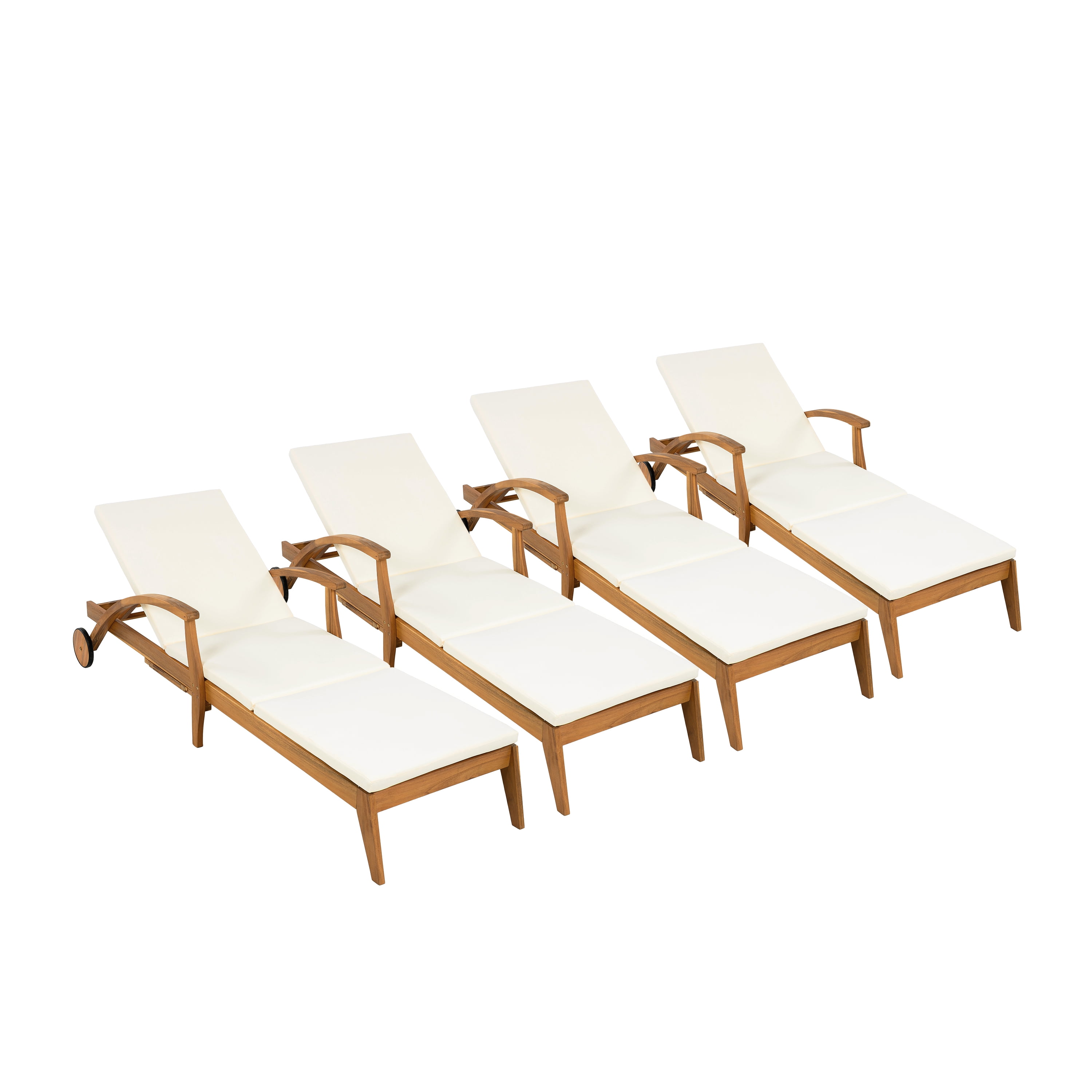 Chaise Lounge with Wheel, Outdoor Acacia Wood Recliner with 2 Inch White Cushion for Patio Garden, Teak