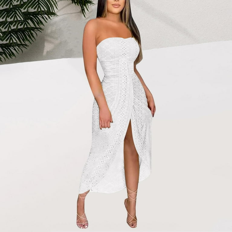 Women Bandeau Strapless Eyelet Embroidery Maxi Dress Summer Ruched Split Front Wrap Bodycon Beach Party Club Dresses - Walmart.com Women Bandeau Strapless Eyelet Embroidery Maxi Dress Summer Ruched Split Front Wrap Bodycon Beach Party Club Dresses - Walmart.com