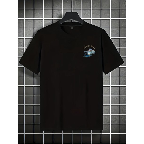 Men's Short Sleeve T-Shirt, Cotton Fabric with English and Ship Print, Regular Fit Fashion Casual Round Neck Top for Spring/Summer Outdoor Wear