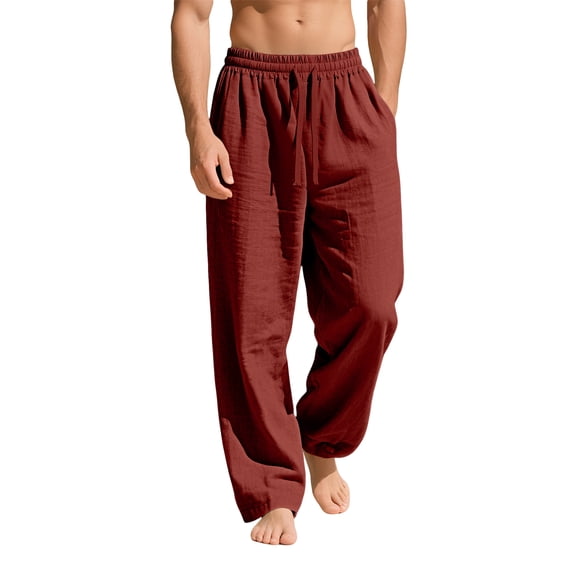 Domuza Mens Cotton-Linen Pants Drawstring Elastic Waist Linen Summer Casual Pants Sports & Recreation Breeze Beach Pants-Wine M