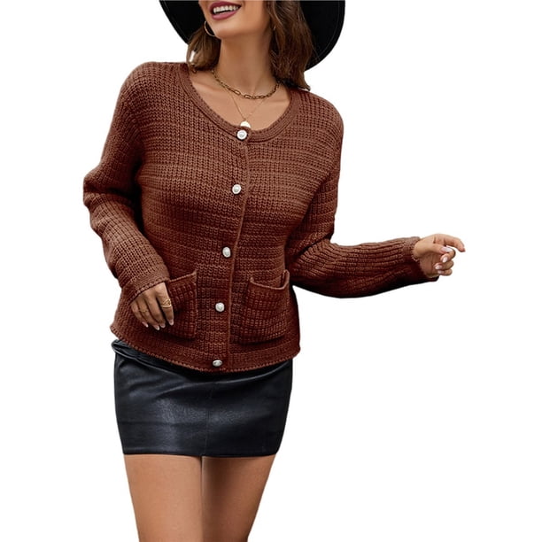 Suéteres de Punto para Mujer, Moda de Otoño, Larga, Botones, Chaqueta Informal de Moda, Ropa de Invierno Color Caramelo M