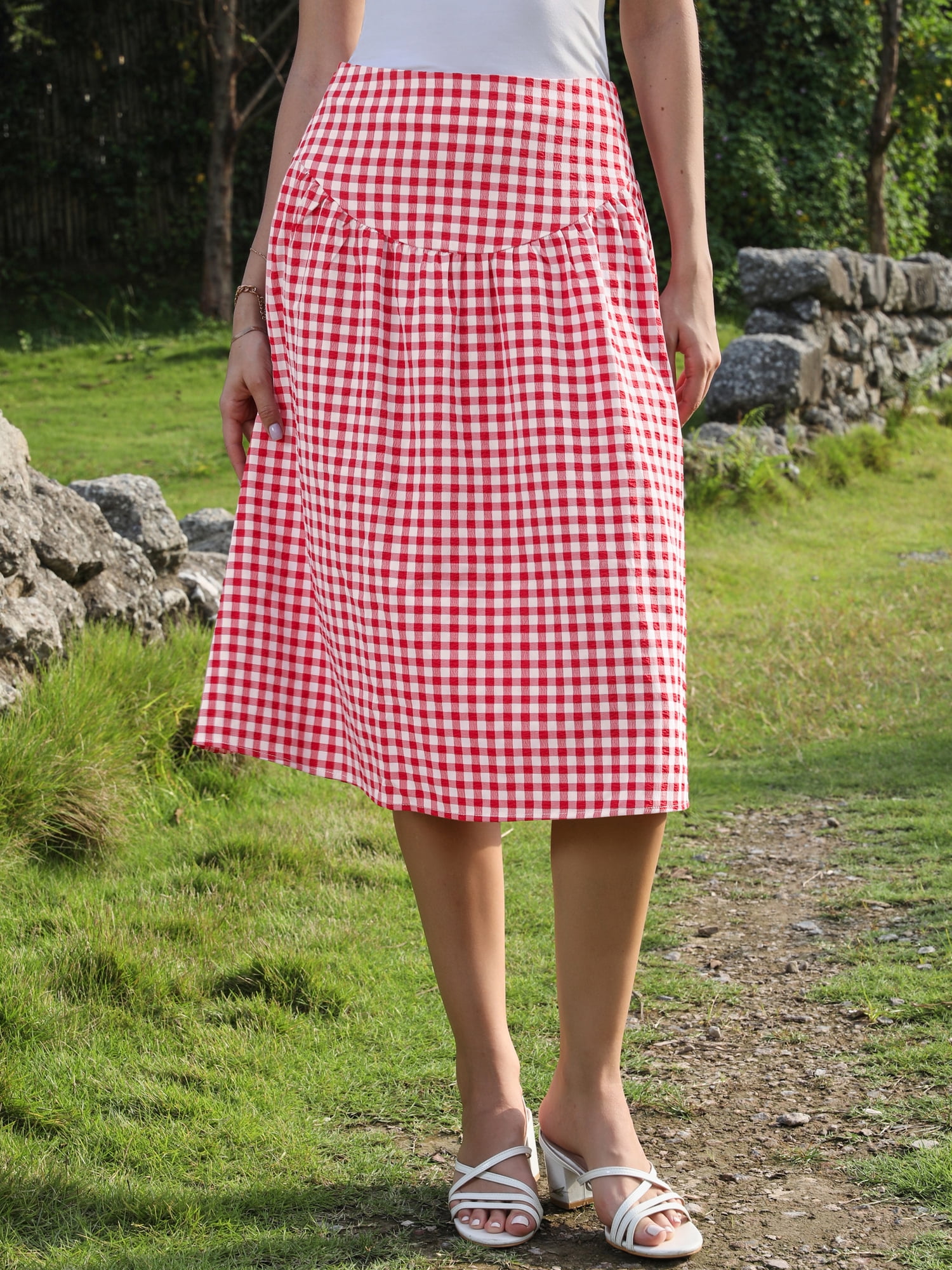 DARING DIVA Women's Summer Retro Below Knee Length Flared Skirts Small Red