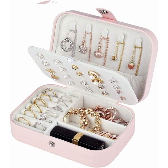 Small Jewelry Box ,Travel Jewelry Case for Women Girls, Jewelry Organizer Storage Case Portable PU Leather Mini Jewelry Travel Case for Lipsticks, Necklace, Rings,Bracelets(Pink,6.2 x 4.3 x 1.9inchs)