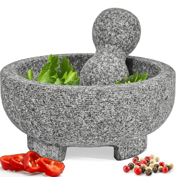 PriorityChef Granite Mortar and Pestle Set, 6.1" Natural Stone Pestle and Mortar Bowl, Small, Grey