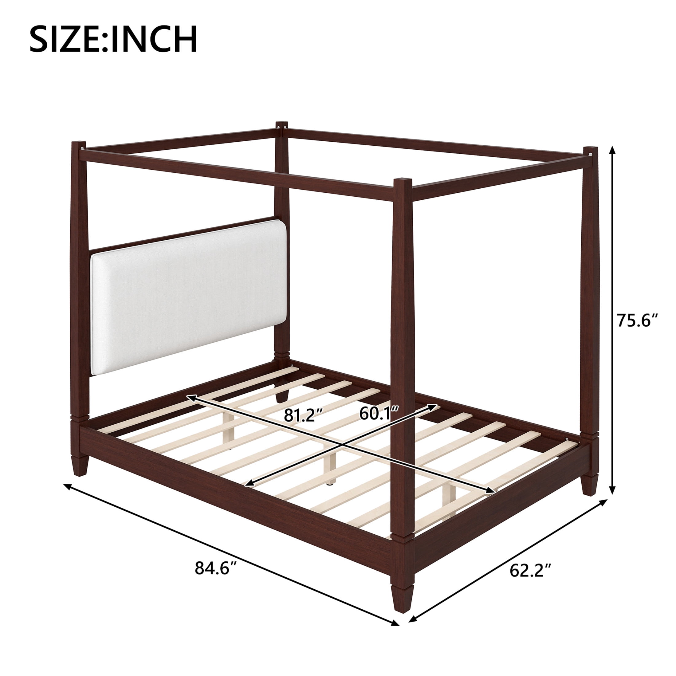 Noble House Yervon Queen Size Wooden Canopy Platform Bed with Upholstered Headboard and Tapered Legs, Espresso