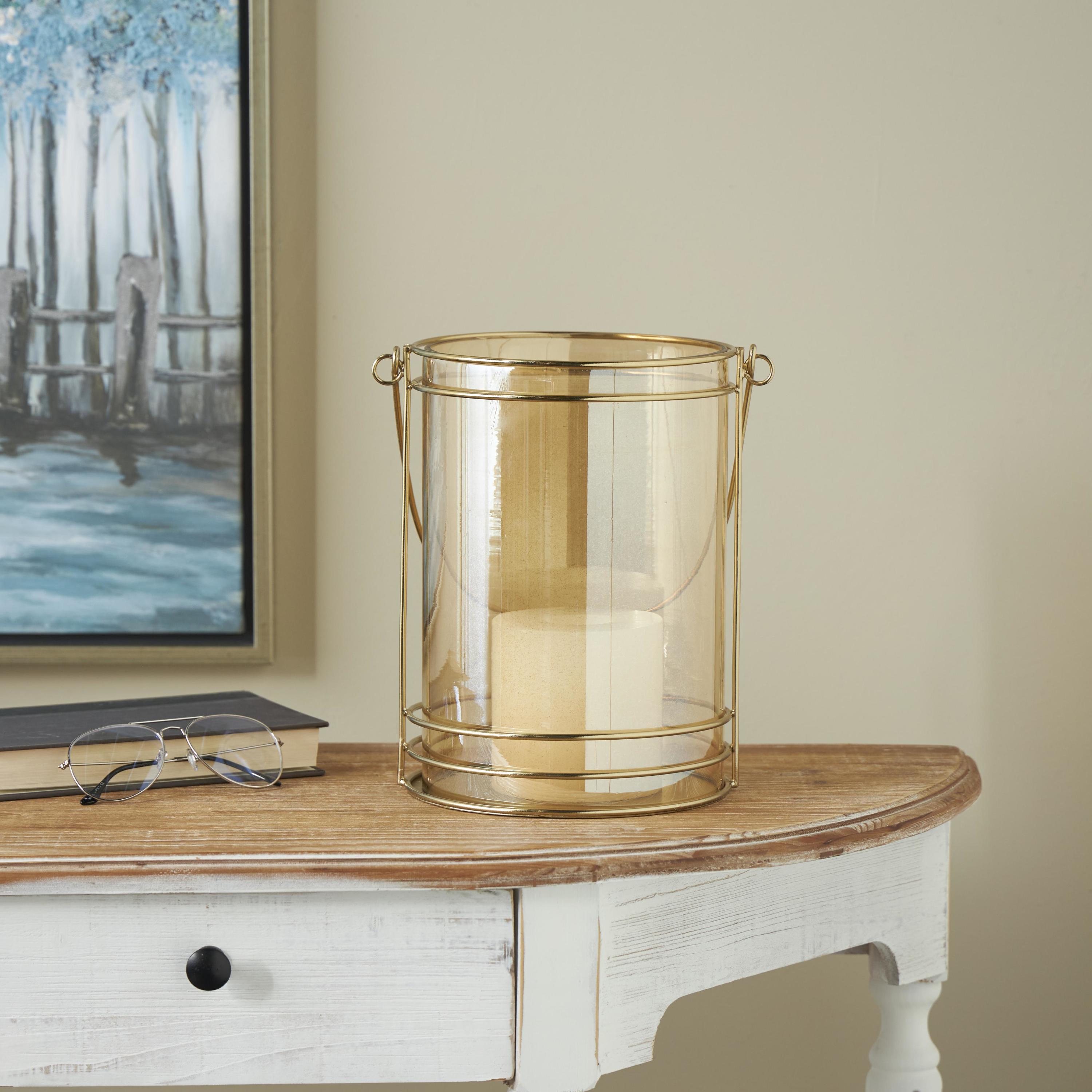 DecMode Gold Metal Candle Lantern with Thin Circular Rods and Tinted Glass