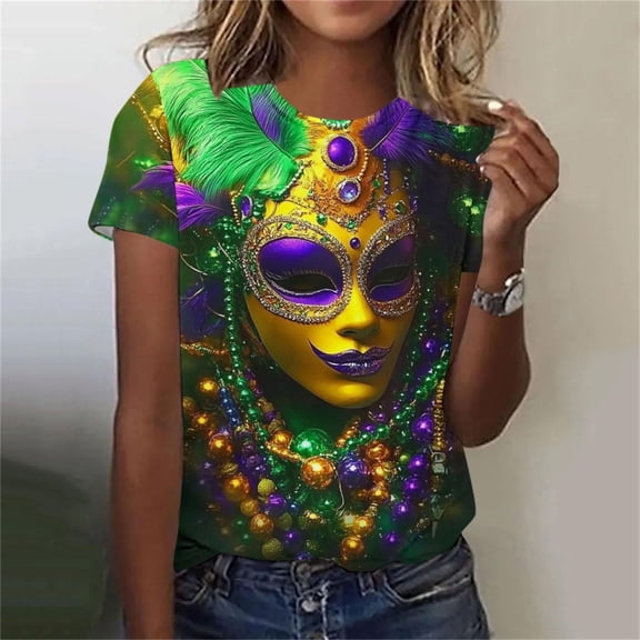 Craaazy Mardi Gras Shirts for Women Short Sleeve Carnival Fancy Mask Printed Pullover Tops Gifts