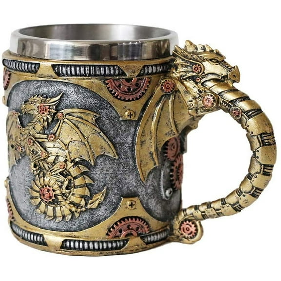 400ml Steampunk Gearwork Mechanical Dragon Mug Medieval Renaissance Dragons Beer Stein Tankard Stainless Coffee Cup Mug for Dragon Collector Lovers（14OZ）