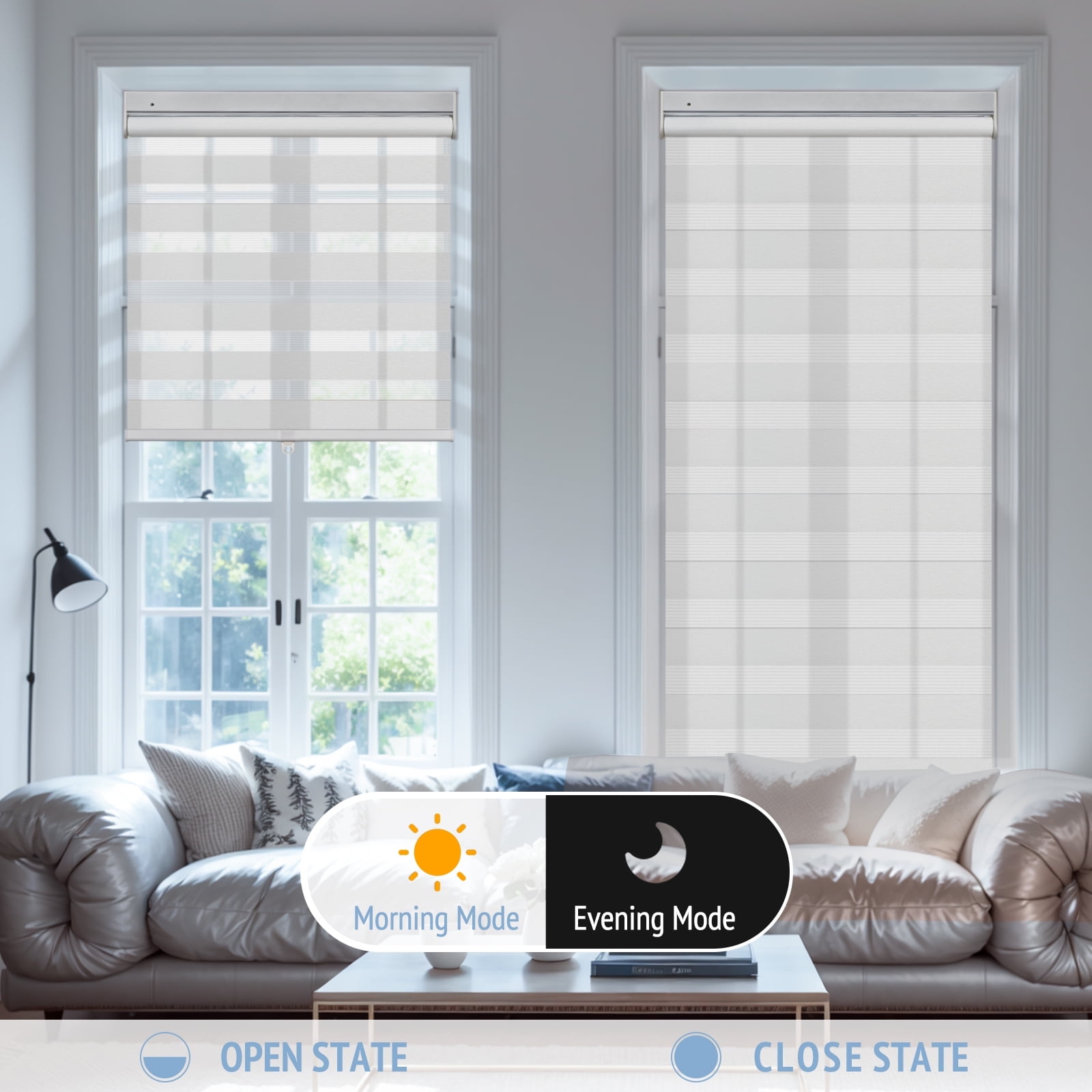 Keego No Tools No Drill Cordless Zebra Roller Blinds Light Filtering Dual Layer Roller Shades Privacy Zebra Windows Shades Zebra Blinds for Windows - White, 20"W x 32"H