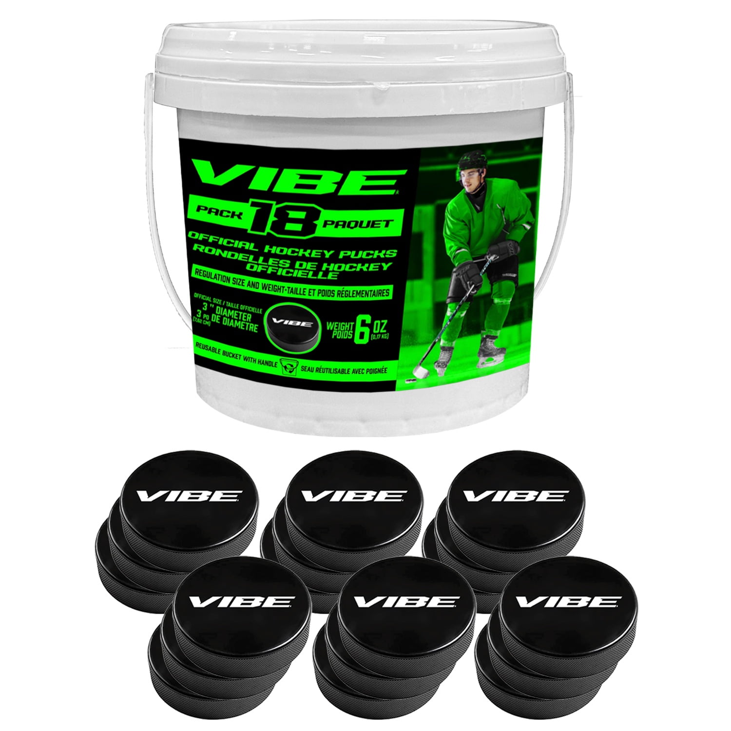 Palets de hockey sur glace officiels VIBE – 6 oz noir – Seau de 18