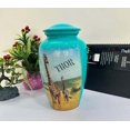thumbnail image 3 of Cremation Urn for Adult Human Ashes - Large Handcrafted Funeral Memorial with Striking White Zeraff design urns (Blue) Design (Aluminum 10 Inch Height x 5 Inch Width), 3 of 5