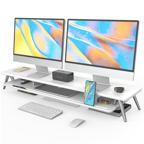Fenge Dual Monitor Stand, Monitor Stands Riser for 2 Monitors, 42.5 Inch Wood Desk Shelf with Storage Organizer and Cable Management for Office Desk Accessories,White
