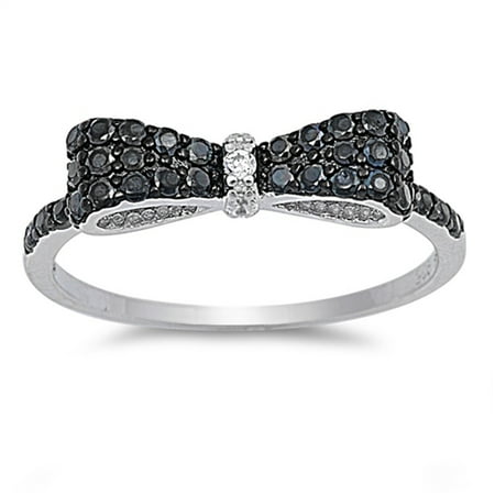 Silver Box Ring - Sterling Silver Women's Flawless Black Cubic Zirconia Bowtie Ribbon Micro Pave Bow Ring (Sizes 5-10) (Ring Size 11)