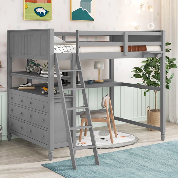 Gray Full Size Loft Bed with Drawers and Desk, Wooden Loft Bed with