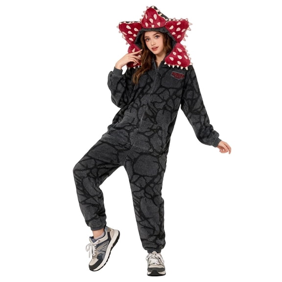 Red Hooded Jumpsuit Long Sleeve Pajama Hoody Onesie Loungewear Fuzzy Fall Winter Warm Thermal Size M