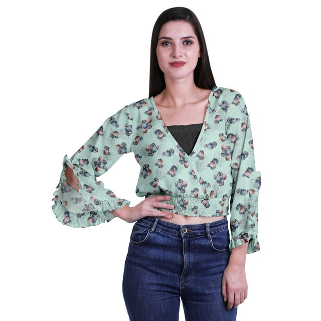 Moomaya Printed Womens Crop Top Wrap Style Top Wear Ruffle Long Sleeve Casual Summer Blouse