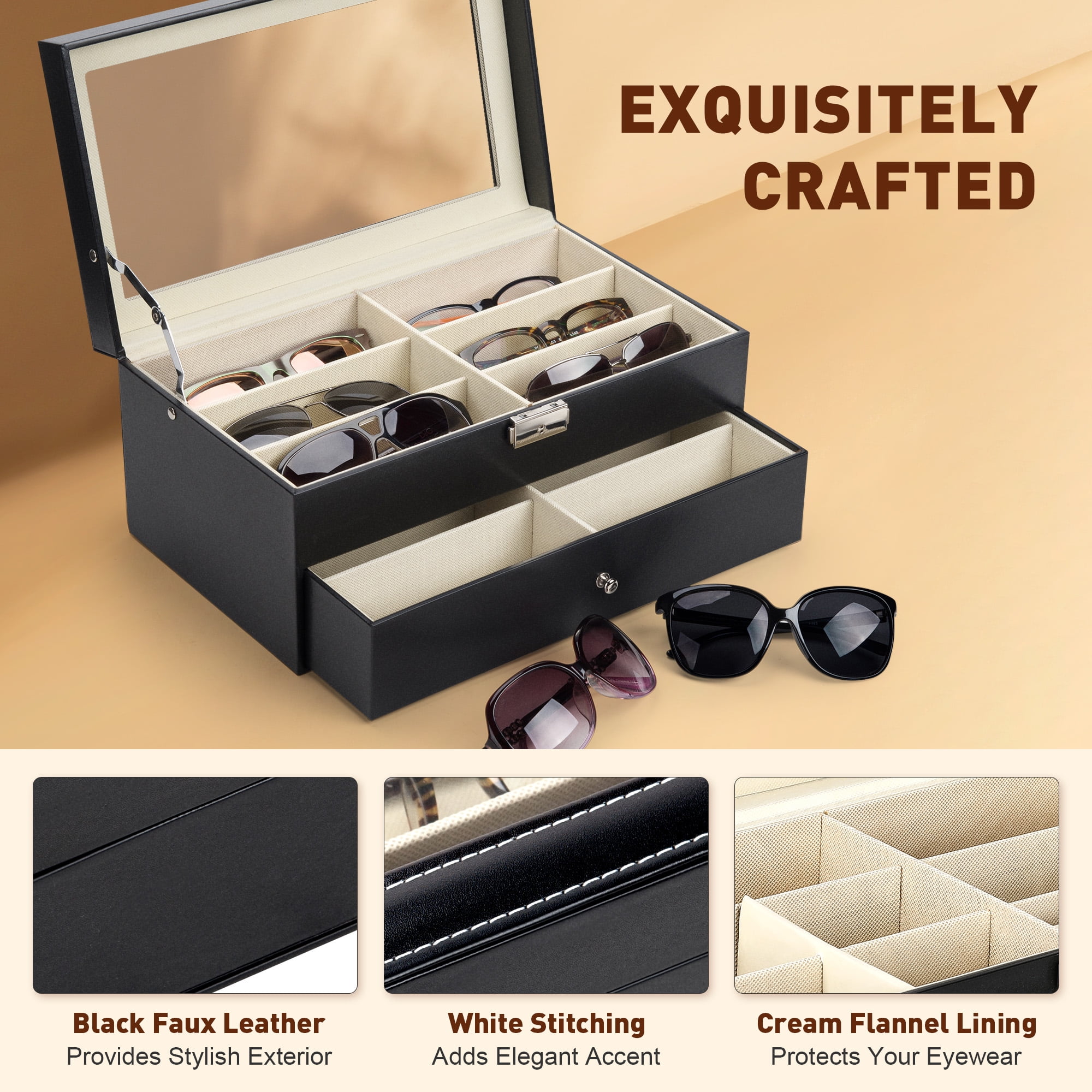 Preenex Leather Sunglasses Organizer Eyeglasses Eyewear Display Case Sunglass Glasses Storage Holder Box Sunglasses Collection Case with 12Slots Black