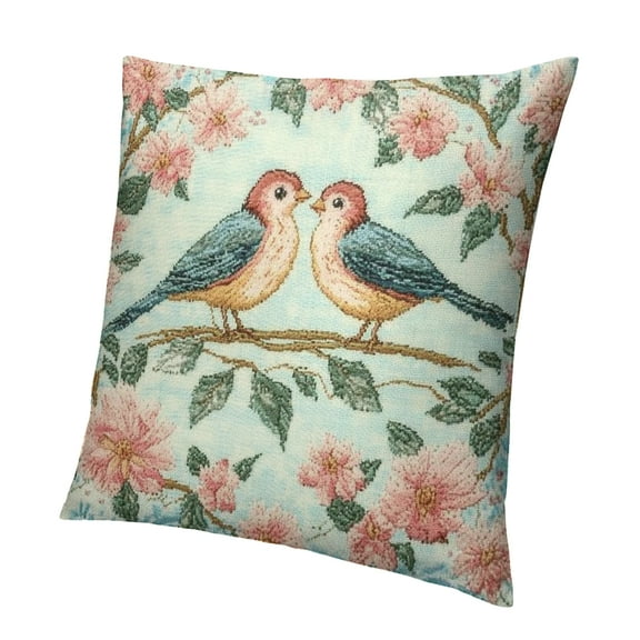 Autua Designer French Country Velvet Throw Pillow Cover,Elegant Blue Pink Birds and Floral Pattern,Decorative Square Pillowcases Cushion for Bed Living Room Outdoor Car 12x12in