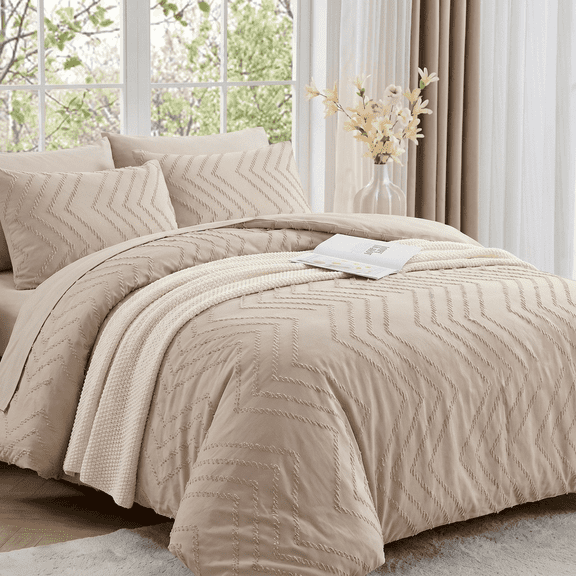 MARNUR Queen Comforter Set, 7 Pieces Boho Tufted Bed in a Bag, All-Season Prewashed Soft Bedding Set with Comforter, Sheets, Pillowcases & Shams, Beige
