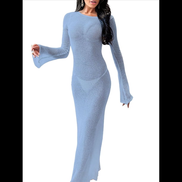 Vestido de Crochet para Mujer, de Larga, de y Espalda Abierta, Tejido de Punto Azul L