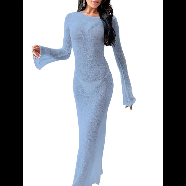 Vestido de Crochet para Mujer, de Larga, de y Espalda Abierta, Tejido de Punto Azul S