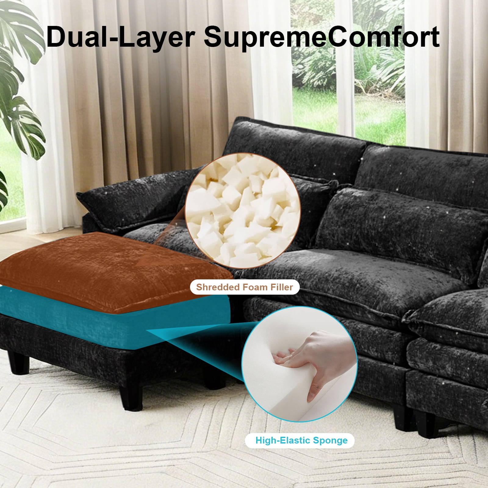 Howcool 148" Modular Sectional Sofa , 4 Seater L-Shaped Cloud Couch with Movable Ottoman, USB Charging Ports & Side Pockets, Sectional couchs for Living Room,Chenille Fabric,Black