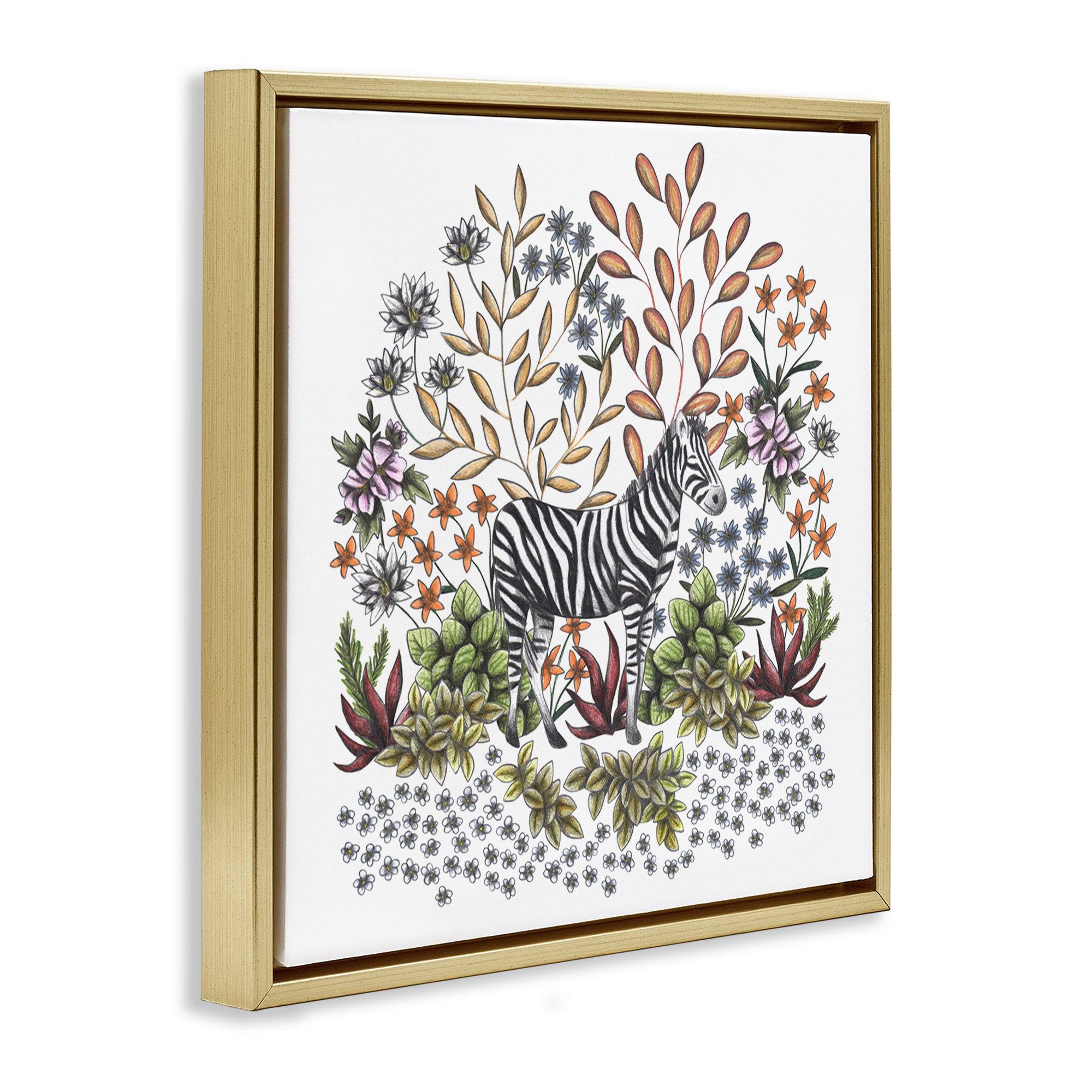 Jungle Wildlife Zebra Gold Framed Floater Canvas Wall Art, design by Cecilia Battaini