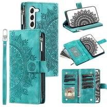 Dteck for Samsung Galaxy S23 Case with Zipper Wallet Detachable Crossbody Shoulder Strap, Embossed Mandala Floral Leather Folio Flip Wristlet Shockproof Protective ID Credit Card Holder Cover, Green