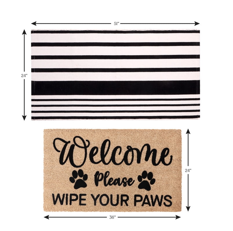 A1HC Coir Welcome Mat and Black & White Striped Cotton Rug Combo Set, 24"x36" & 24"x51", Hand-Woven Washable Entryway Décor