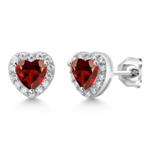 Gem Stone King 925 Sterling Silver Red Garnet and White Moissanite Stud Earrings for Women (1.42 Cttw, Gemstone Birthstone, Heart Shape 5MM)
