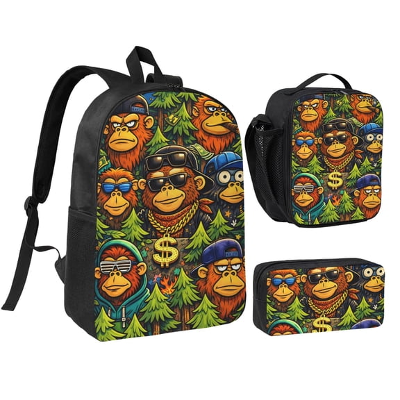 Monkey Backpack Set 3pc Including Backpack, Lunch Bag and Pen Bag Combination
