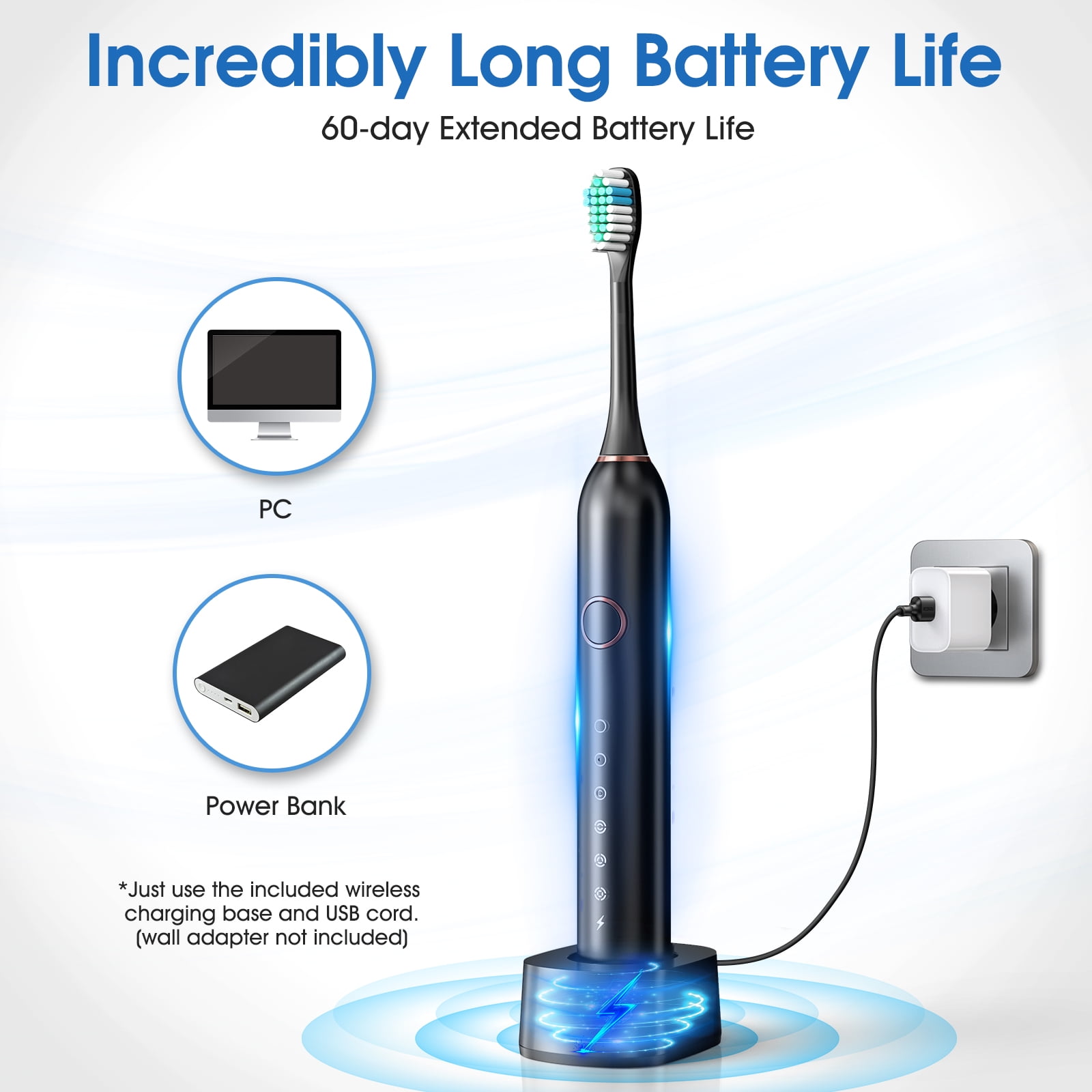 delpattern Sonic Electric Toothbrush, Adult Toothbrush Electric with 8 Brush Heads, 6 Modes, Wireless Fast Charge, 40000 VPM Deep Clean, Travel Case, Smart Timer, Black