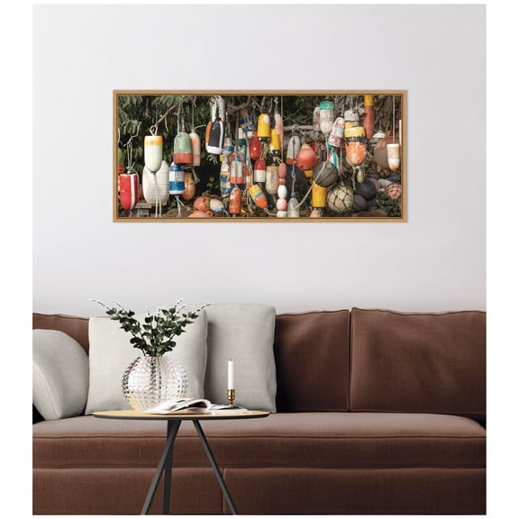 Kate and Laurel Framed Canvas Wall Art Print Buoys by Emiko and Mark Franzen F2 Images, 40 x 18 Sylvie Natural Frame, Coastal, Beach Art for Wall Decor