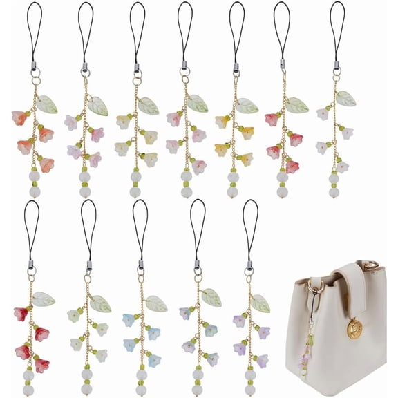 12pcs Beaded Phone Charms 6inch Glass Leaf Flower Beaded Brass Mobile Lanyard Wrist Strap Colorful Anti-Lost Phone Chain Keychain for DIY Airpods Camera Cell Phone Car Key Decoration