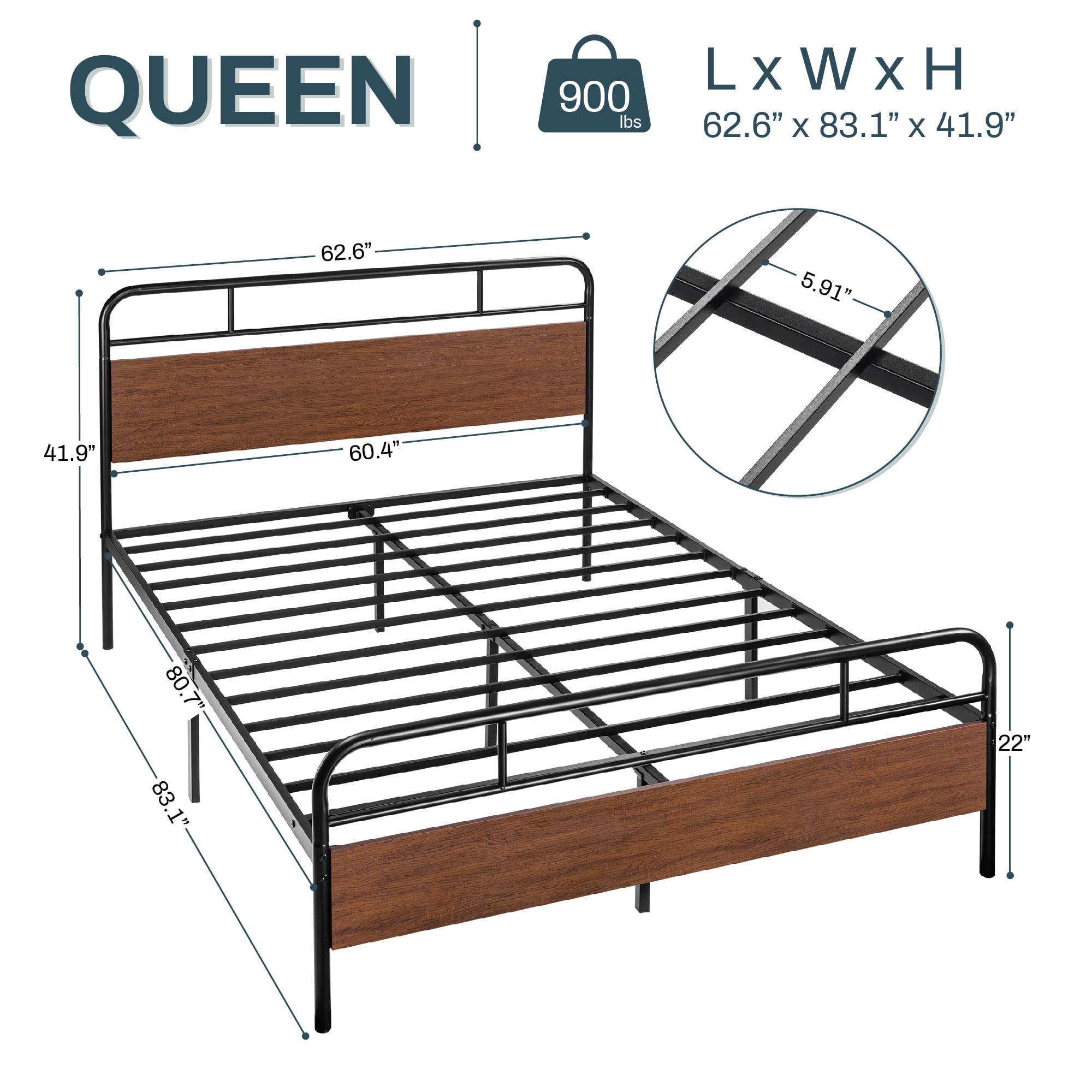 Einfach Queen Size Heavy Metal Bed Frame Headboard and Footboard, Brown