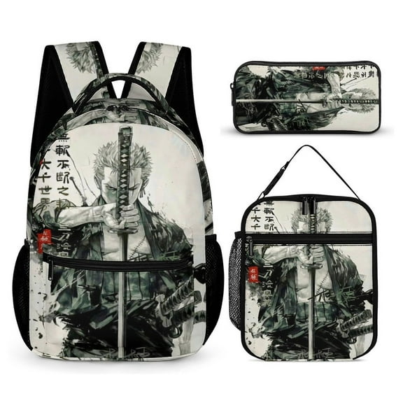 3-PieceOne Zoro Piece Large Capacity Anime Backpack with Lunch Bag & Pen Case | Casual Schoolbag for Travel, Outdoor, Fashion Daypack