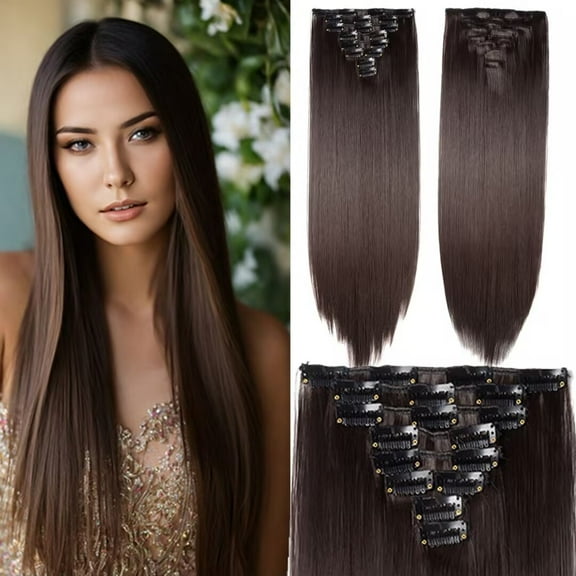 HAIRROHAIR Hair Extensions Clip in 8Pcs 18 Clips Synthetic Fiber Seamless 23" Long Straight Full Head