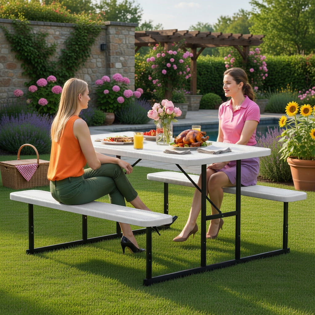 Hommoo Outdoor Picnic Table and Bench Set for 2-4 People, Rectangular HDPE Dining Table with Metal Frame, Weather-Resistant & Easy-Clean Design, White