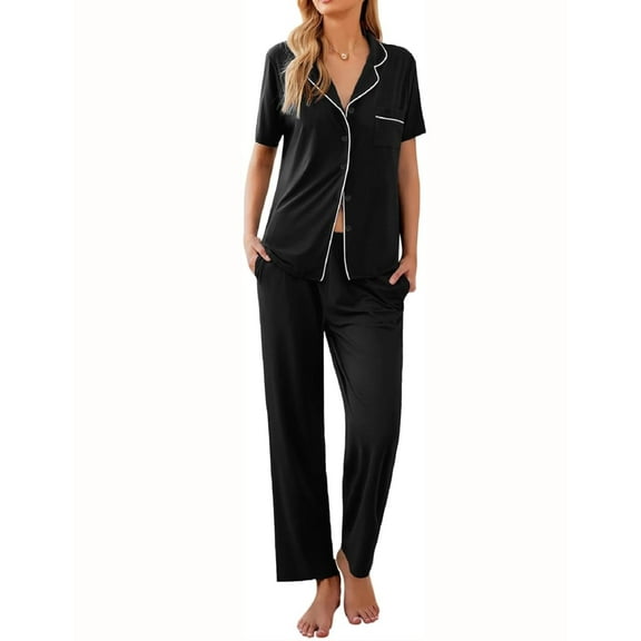 Avidlove Pajama Sets for Women 2 piece Short Sleeve Button Up Pj Sets with Long Pants Notch Collar Matching loungewear set Sleepwear with Pockets