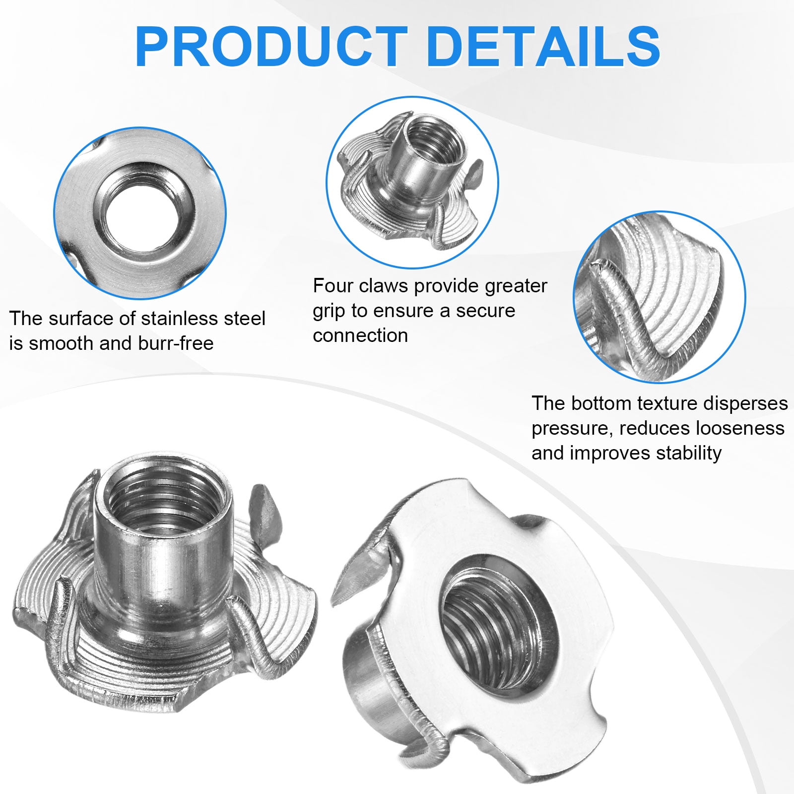 Uxcell 50-Pack M10x13mm T-nut, Stainless Steel 4-Pronged Tee Nut Threaded Insert Corrosion Resistant Fasteners